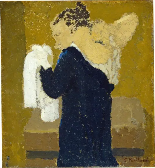 This painting shows a woman with her face turned to the left and her back to us, holding a piece of white fabric in her left hand. She has pale yellow skin and dark brown hair tied up into a loose bun or knot at the back of her head.