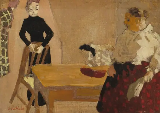 Two people are depicted in this painting. The person on the left is standing with their hands on a wooden chair. They have light skin, close-cut hair, and wear a long, black, high-necked dress.