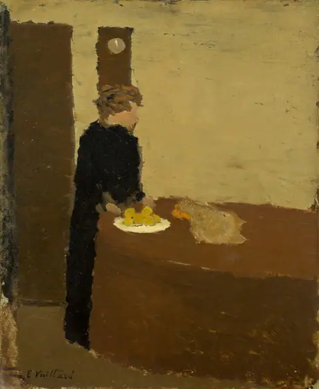 Painted with wide strokes in almost geometric areas of mottled color, a woman wearing a long black dress stands at the side of a table in this stylized, vertical composition.