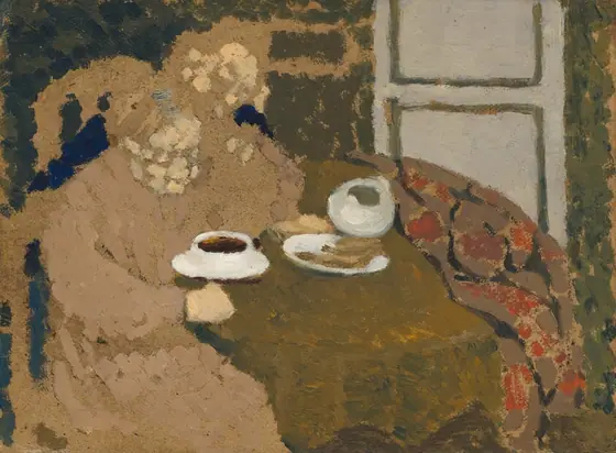 This painting displays soft, rounded shapes and fragmented lines, creating an abstract portrayal of two people seated at a dark yellow table.