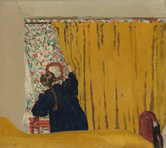 A woman pushes aside a deep golden yellow curtain that fills three-quarters of this nearly square painting.