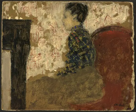 This painting shows a person seated in a side profile view, facing the left with their back resting against a brownish-red chair. Their facial features are indistinct, and they have pale skin and dark hair styled in a simple bun.