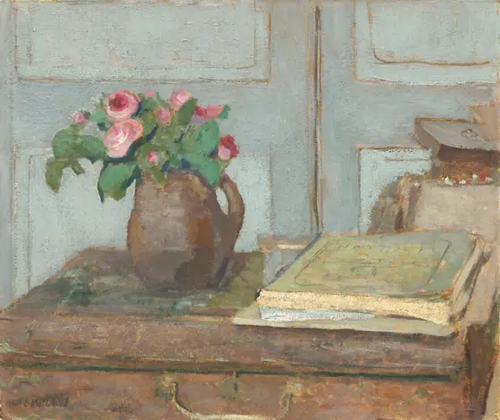 This painting shows a brown jug filled with pink roses and green leaves on a brown surface that looks like a suitcase on its side. To the right of the jug are some stacked books, which are a light green color.