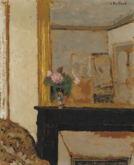 This painting shows a partial view of a dark wooden mantle. The mantle itself takes up the bottom right corner of the painting, and we see one side of it, but not the other.
