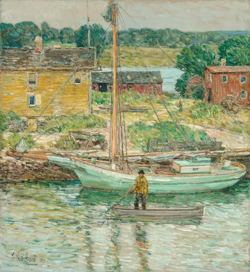 This painting shows a man in a yellow jacket standing on a small brown rowboat on a wide, pale green river. Behind him is a large mint-green sailboat, its tall mast bare, the sails folded on the deck.