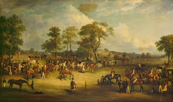 The painting depicts an equestrian scene with people and horses in a green landscape. There are several people on horseback, and others standing by horses. Some people are also sitting in horse-drawn carriages.