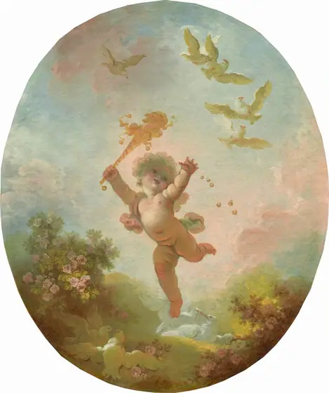 This oval painting shows a cherubic child floating mid-air with one leg bent and their arms outstretched. The cherub has curly hair, a round face, and pale skin dusted with rosy pink and light teal shadows. They are smiling gently.