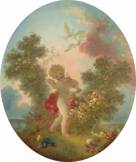 This oval painting depicts a cherubic child in a garden setting. The child is standing with one foot in front of the other and has small wings on their back. The child has light skin, curly blond hair, rosy cheeks, and a playful expression.