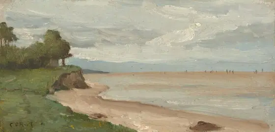 Moss-green land rising to a tree-topped bluff follows the curve of a sandy beach surrounding a pale blue cove in this horizontal landscape painting.