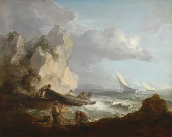 From a rocky shoreline, we look on several light-skinned people working by the sea with a boat and a net in this freely painted, almost square seascape.