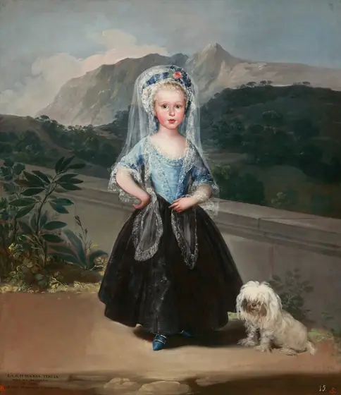 A young girl with pale skin, rosy cheeks, and blond hair stands facing us in front of a landscape with forests and mountains in this vertical portrait painting. The girl looks at us with wide, gray eyes under delicately arched eyebrows.
