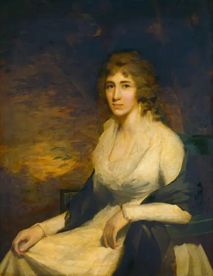 The image is a portrait painting of a woman. She is seated with her body turned slightly to the right, while her head is facing forward towards the viewer. She has a gentle expression with slightly raised eyebrows.