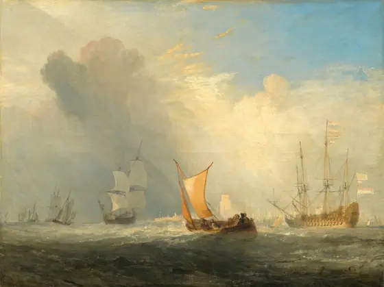 A passenger boat, its bright tan sails reflecting the sun, careens among choppy water with at least eight more sailboats and a town along the water’s edge in the distance in this horizontal landscape painting.