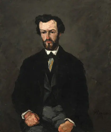 A light-skinned man with thick black hair and a squared off black beard, dressed in a black jacket over a gray vest and gray trousers, sits facing us in this vertical portrait painting.
