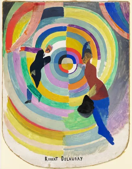 A man and a woman seem to float against a background of nested, concentric rings in this abstracted, vertical painting. The center of the rings is just above the center of the composition.