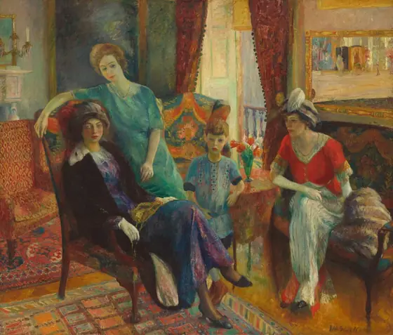 This painting shows four individuals - three women and one child - in an indoor setting. One woman is seated on a chair on the left, wearing a purple and blue dress under a black coat, with white gloves and a gray hat.