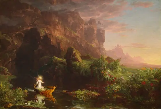 Near a verdant riverbank against soaring, hazy cliffs, a nude, chubby baby sits in a golden boat on a bed of pink and white flowers in this horizontal painting.