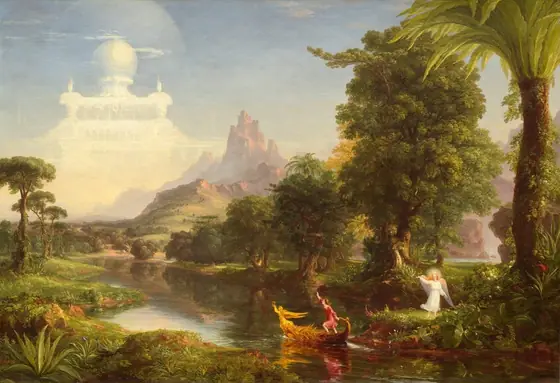 A young man sets out in a golden boat on a river that winds from the bottom right corner of this horizontal painting across a lush landscape and into the distance before disappearing beyond two rocky outcroppings far off to our right.