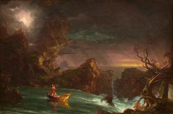 A man looks up as he kneels with his hands clasped in prayer in a small golden boat on a river that rushes toward craggy rocks in this horizontal landscape painting.