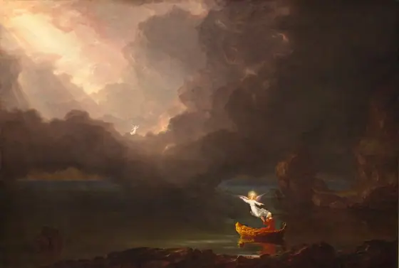 A balding, older man sits in a golden boat guided by a winged angel away from craggy rocks to calm waters, toward a shaft of light piercing a billowing bank of clouds in this horizontal landscape painting.