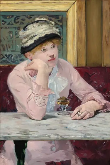 A woman with light skin sits facing us across a marble-topped table in a café in this vertical painting. Her body is angled slightly to our right, and she rests her right elbow, on our left, on the table.