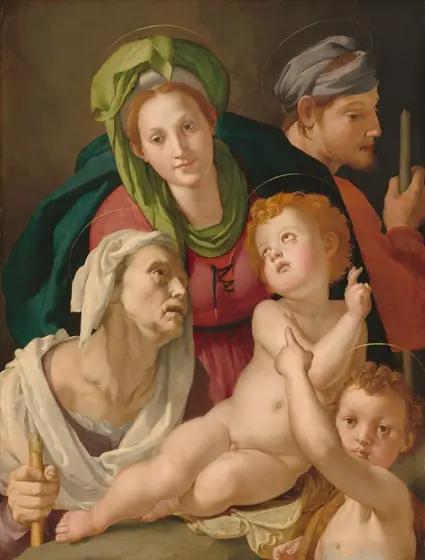Two women, a man, and two pudgy children create a close-knit group against a dark brown background in this vertical painting. The people all have pale skin with rosy cheeks, blond or copper-colored hair, and delicate gold rings as halos.