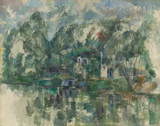 We look across a body of water at two houses, some smaller outbuildings, and a houseboat along the far bank in this abstracted, horizontal landscape painting.