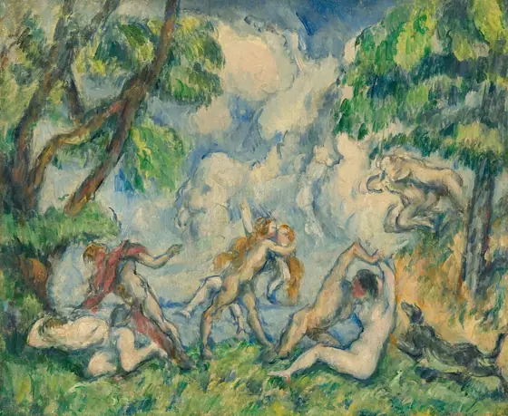 Painted with loose, visible brushstrokes mostly in shades of spring green, sky blue, straw yellow, and ivory white, four couples lock in intense embraces across a landscape in front of a body of water in this nearly square painting.