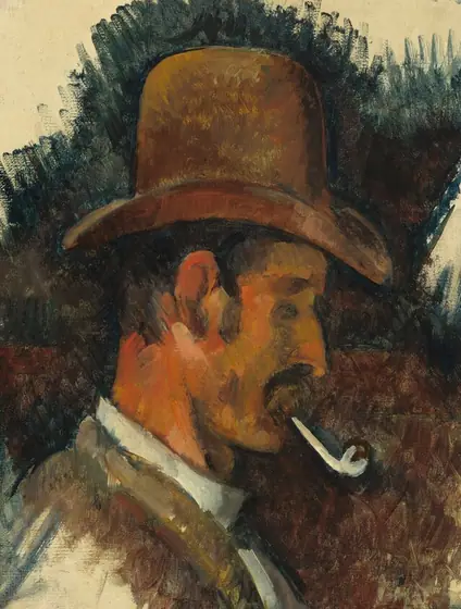 This painting depicts the head and shoulders of a man in profile, facing the right. His skin is painted in shades of orange, with some areas given an olive-green tint.