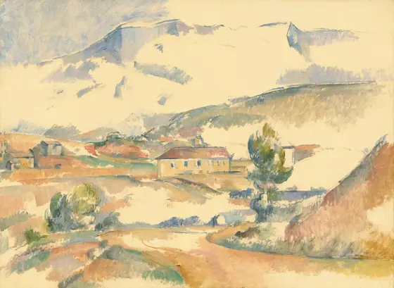 A few pale brown buildings with terracotta red roofs are nestled among hills at the base of a towering, icy-blue mountain in this horizontal landscape painting.