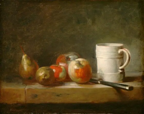Three apples and two pears sit next to a knife and a luminous, white mug on a tan, stone surface before a muted, olive-green background in this horizontal still life painting.