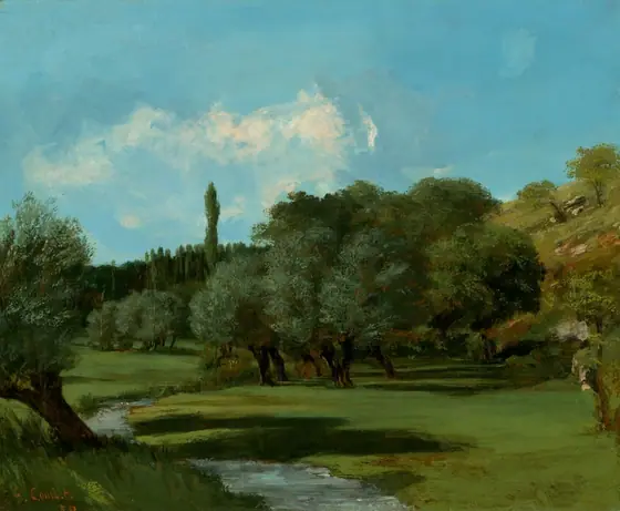 This painting depicts a green landscape under a blue sky. Trees fill the grassy landscape, and a small blue stream winds across the grass on the left side, reflecting light.