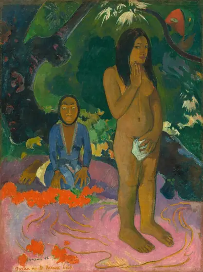 A nude woman with brown skin and long black hair stands to our right against a landscape swirling with jewel-toned greens, pinks, and purples while a man, also with brown skin, sits under a tree behind her in this stylized vertical…