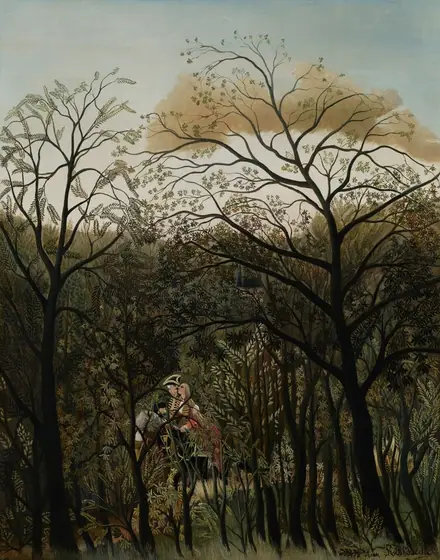 Beyond a dense screen of stylized, dark brown tree trunks, bending branches, and sage and moss-green leaves, a man and woman ride side-by-side on horseback and embrace in this vertical landscape painting. Both people have pale skin.