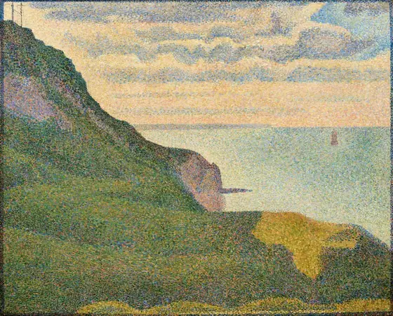 Green hills roll back to a turquoise-blue sea in this almost square painting. The scene is built with layers of small dots in lavender, lilac, cool blue, warm green, yellow, and peach.