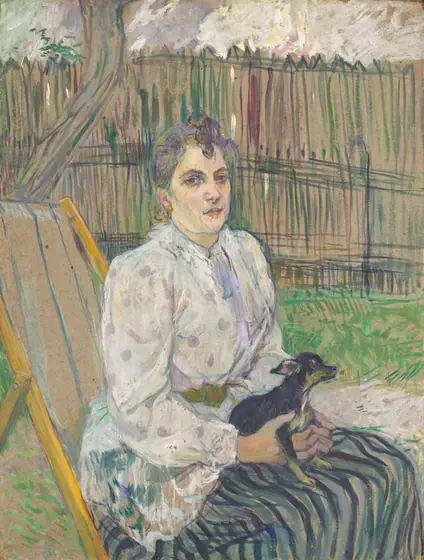 This painting shows a woman sitting upright in a yellow-and-tan reclining chair, her body turned to the right, her face turned toward us. Her skin is pale, with shades of pale yellow and light pink, and shadows in a pale green shade.