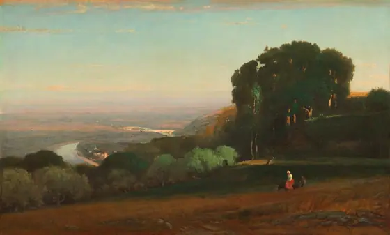 The painting depicts a view overlooking a valley with a river in the distance. The almost-cloudless sky is painted in shades of light blue with faint pink near the horizon.