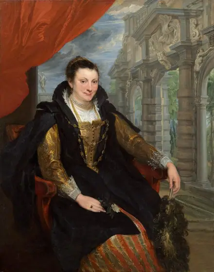 A woman with pale, peachy skin wearing elegant gold and ink-black garments sits in front of a stone portico in this vertical portrait painting. Her red armchair is angled to our right, but the woman turns to look at us under cocked brows.