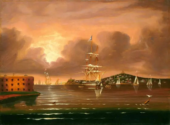 This painting depicts a coastal scene with a perspective from the water. There are dark, billowing gray clouds above the horizon, and the sky is pale orange.