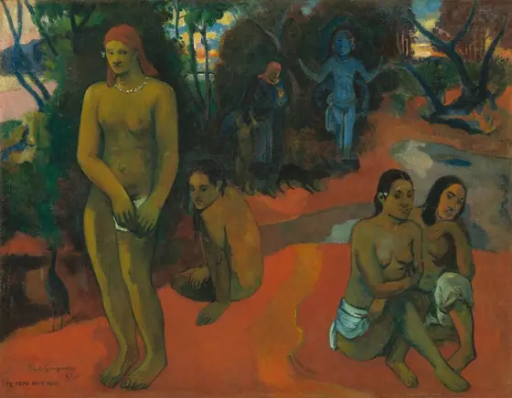 Four young women with medium brown skin sit or stand on a pumpkin-orange ground in this horizontal painting. The women are divided into pairs by a broad, gold, undulating brushstroke running down the middle of the ground they occupy.