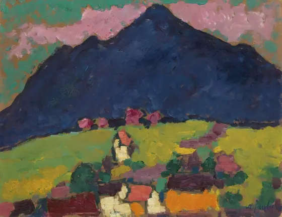 The painting shows a landscape with a large, dark blue mountain in the background. Below the mountain are blocks of color, suggesting fields and structures.