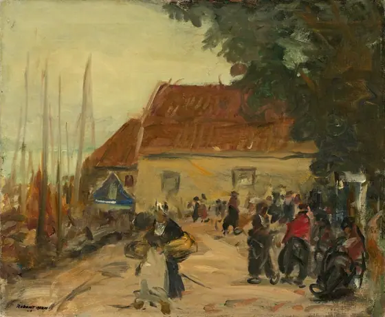 This painting shows a busy scene at the edge of the water. The horizon is visible on the left, where blue-gray sky meets blue-gray water behind a line of tall masts.