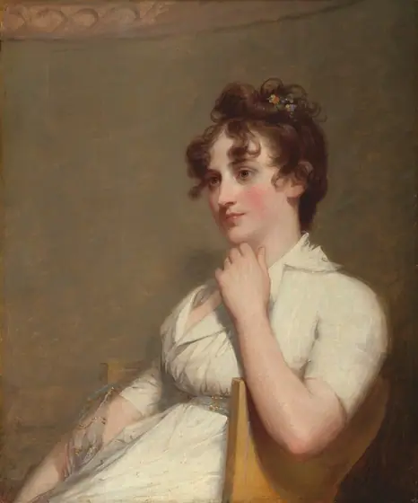 This painting is a portrait of a seated woman looking off to the left with a composed expression. She has light skin with rosy cheeks, brown eyes, and slightly upturned pink lips.