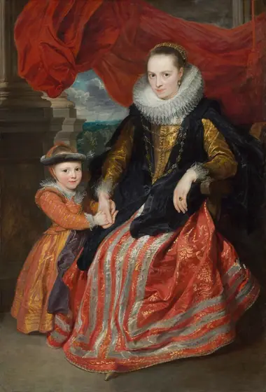 A young girl stands next to and holds the hand of an elegantly dressed woman sitting in a wooden armchair near stone columns, in front of a crimson-red curtain pulled up to reveal a distant landscape view in this vertical portrait painting.