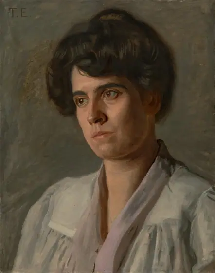 This painting is a portrait of a person with dark hair styled neatly in an updo with soft waves over their forehead.