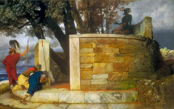 This is a painting of four people outside of a circular stone wall that contains a statue and several trees. The four people are on the left, next to an opening in the curving wall.
