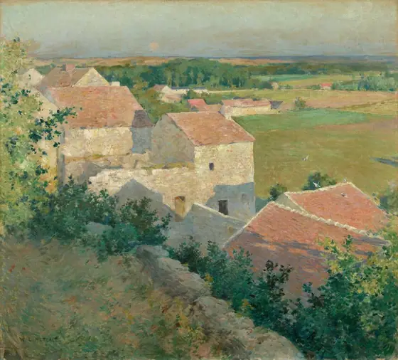 We look down at and across a sun-soaked landscape with tile-roofed, white-stucco buildings and plowed fields in this horizontal painting.