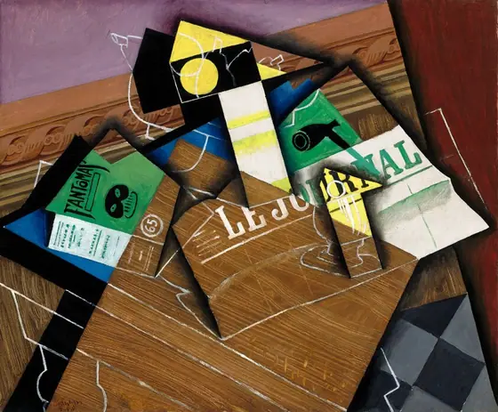 We look down onto a pile with a newspaper, theater program, pipe, a black and white checkerboard, and other objects painted as abstracted, geometric forms on a tabletop in this nearly square still life painting.