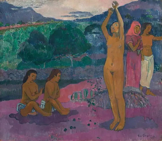 Five women, all with brown skin, sit and stand in a landscape painted with tones of emerald green, mauve pink, lilac and plum purple, and cobalt blue in this horizontal composition.