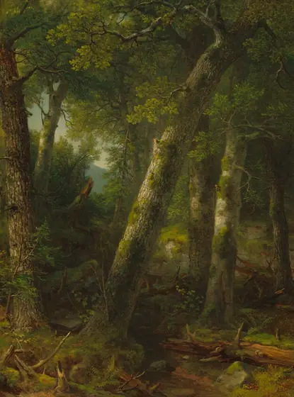 Cool light filters through a thick, verdant forest in this vertical landscape painting. Most of the trees have high canopies with celery, matcha, and olive-green leaves.